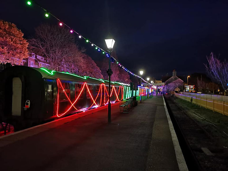 Train lit for Christmas at train station